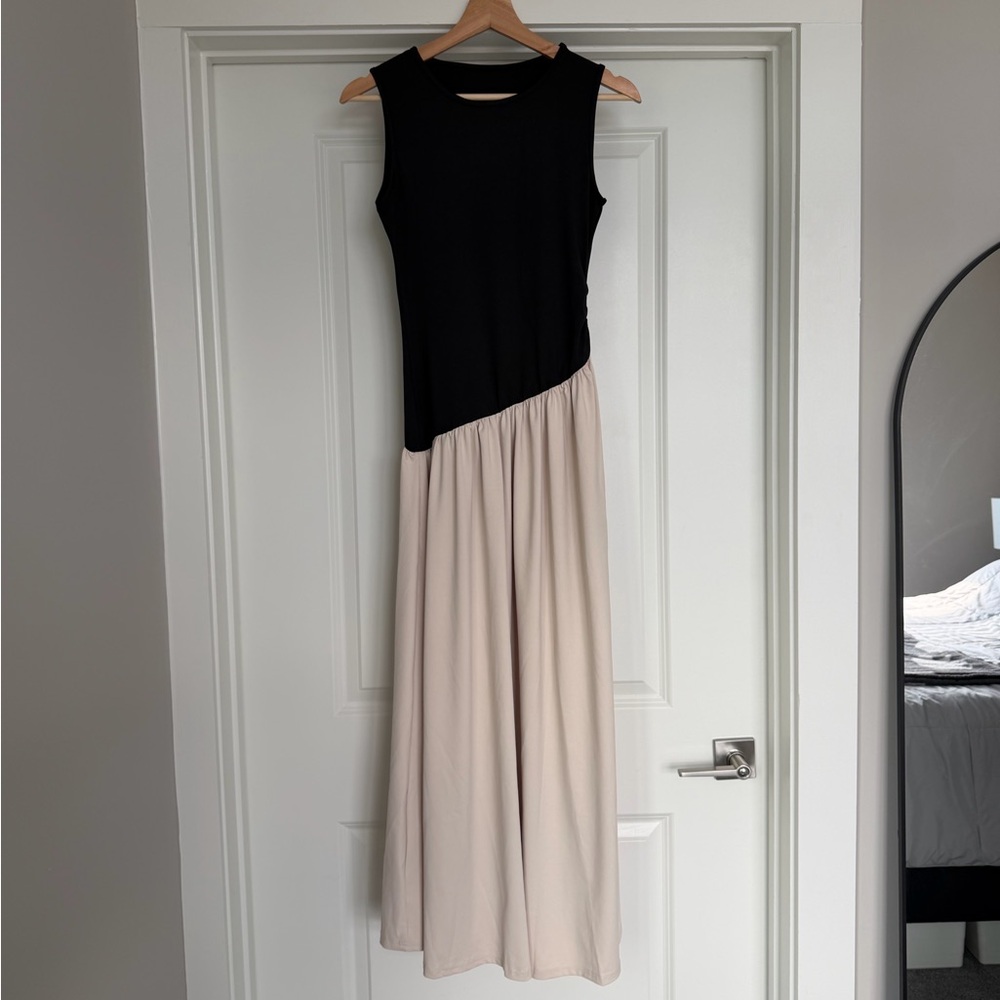 Black and Cream Asymmetrical Drop Waist Maxi Dress Minimalist Chic Style - Picture 2 of 7